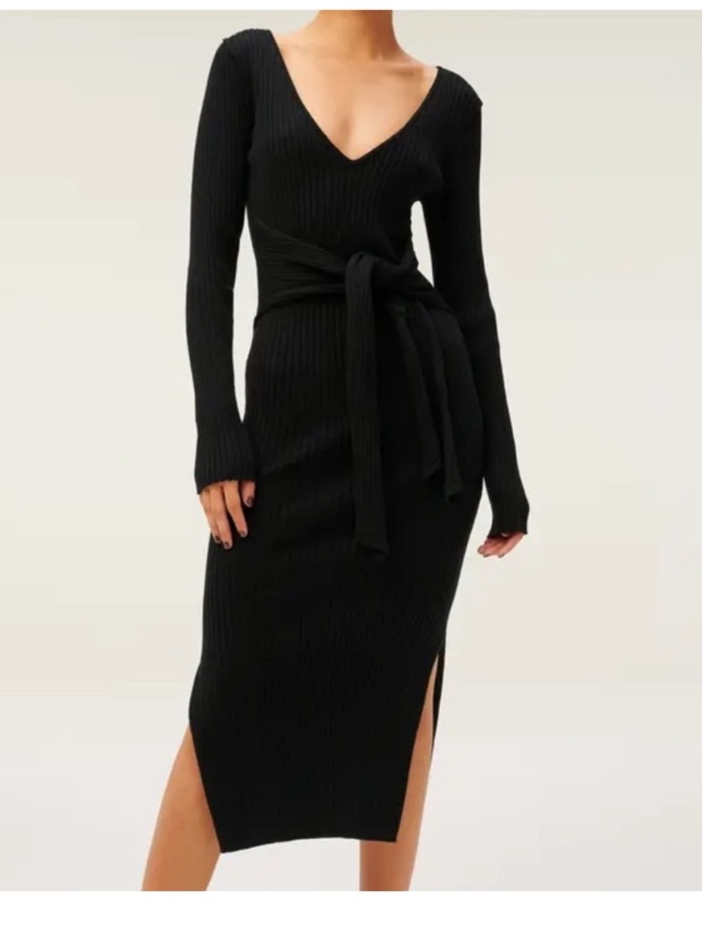 Good American Belted Rib Knit Bodycon Midi Dress in Black Sz 1/2